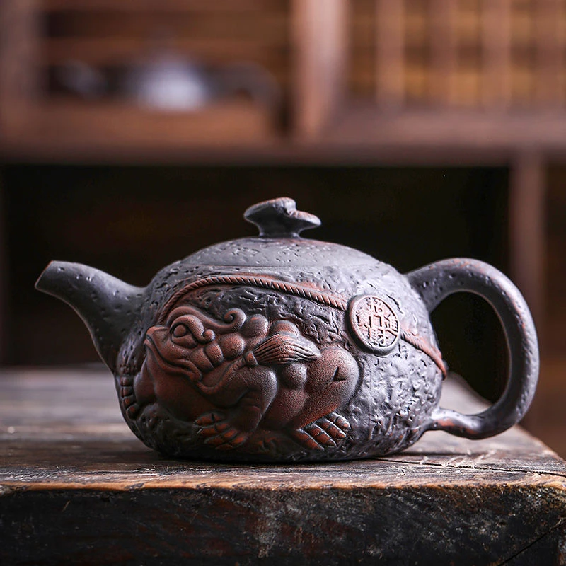 紫陶金蟾紫陶金蟾壶大容量家用中式纯手工茶壶复古大号陶瓷紫砂壶