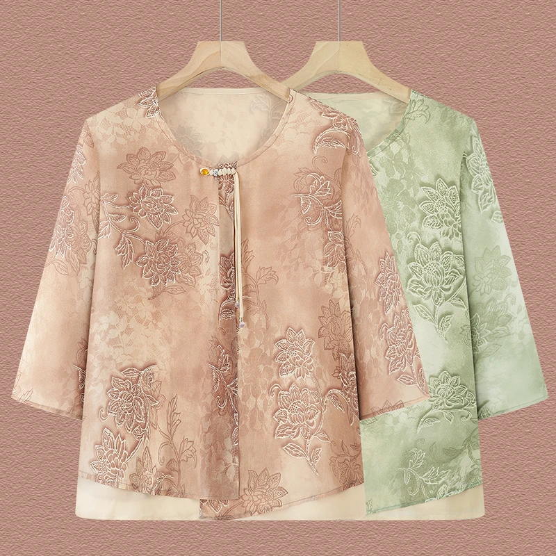 时尚中老年女装妈妈气质假两件薄款短款衬衫中国风夏季中式衬衣服