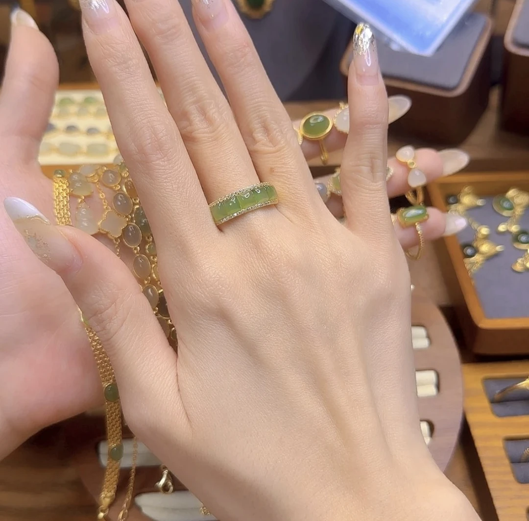 满钻和田玉碧玉排戒s925银