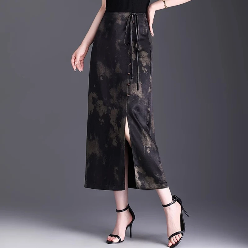 新中式醋酸裙半身裙夏季薄款水墨画气质印花开叉直筒裙一步包臀裙