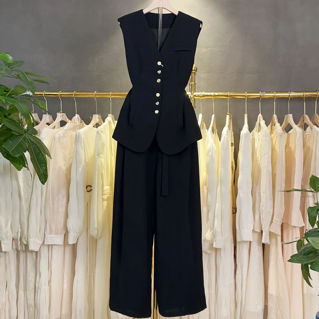 X5037 夏季新款时尚显瘦休闲简约马甲阔腿裤两件套套裤