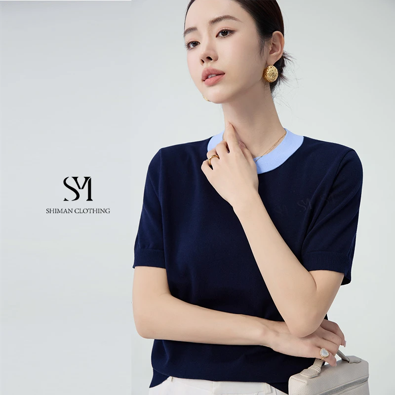 【饰漫】〖现货〗精梳棉休闲简约套头弹力夏季女装针织衫T恤