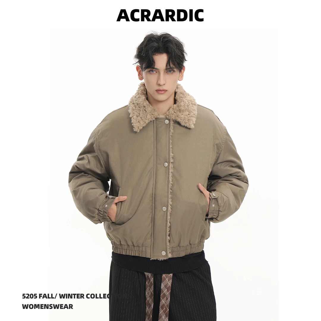 ACRARDIC冬季美式羊羔绒翻领短款棉衣男士复古巴恩风加厚棉服外套