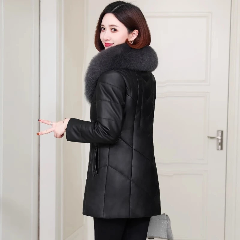 海宁真绵羊皮羽绒衣大码女冬装妈妈装狐狸毛连帽中老年加厚外套冬