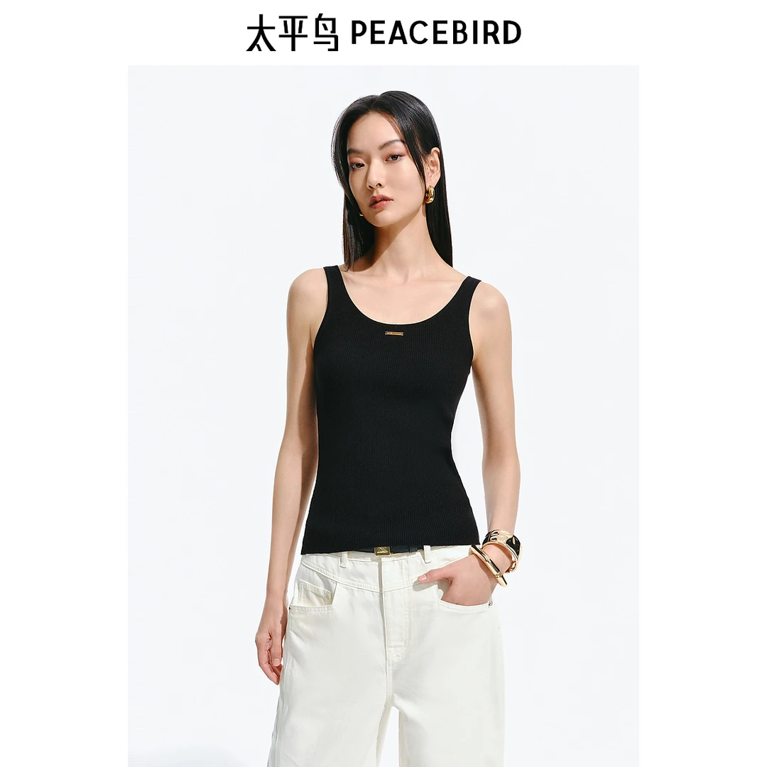 太平鸟黑色针织背心夏装新款内搭柔软舒适圆领简约T恤AAEFF211N