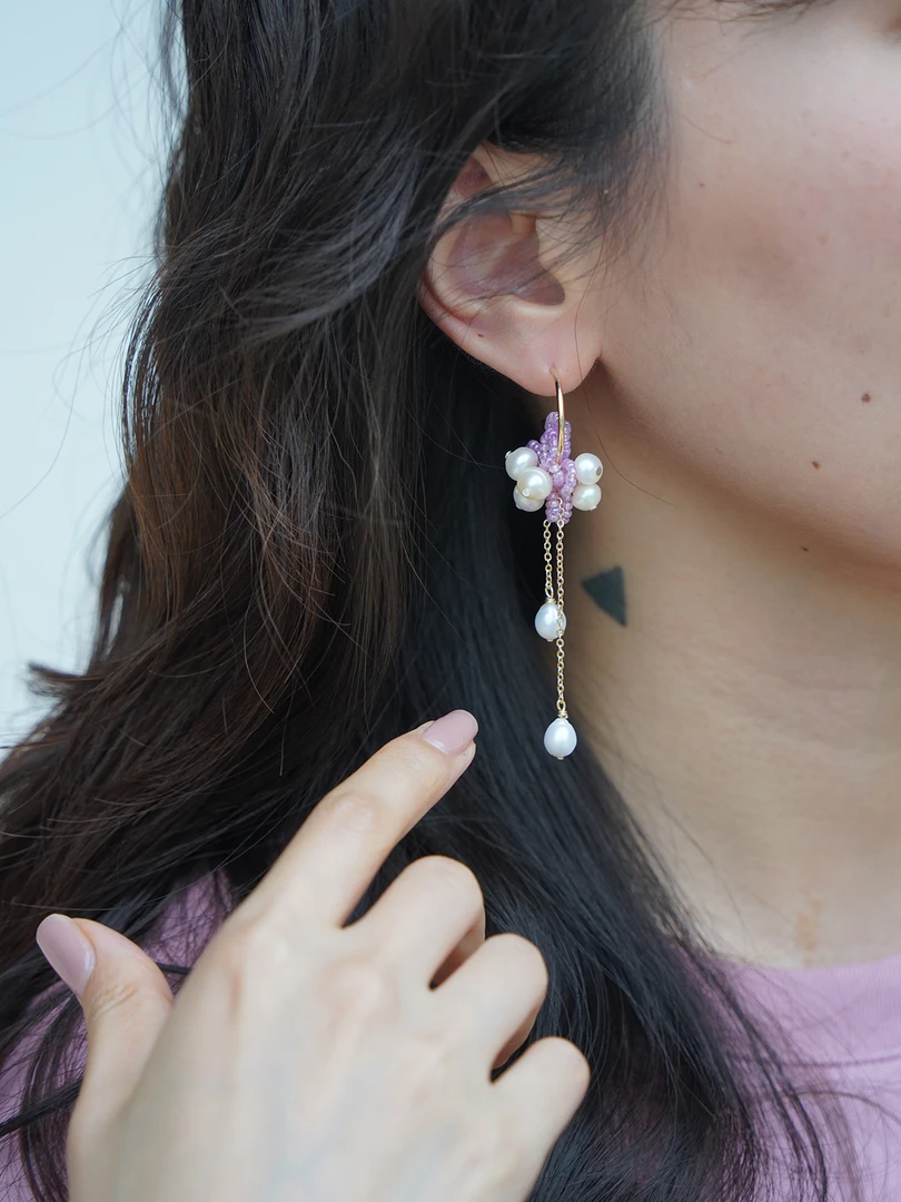 合金仿珍珠耳饰 Dust 無尘手作饰品 纯手工紫色花花珍珠流苏耳钩