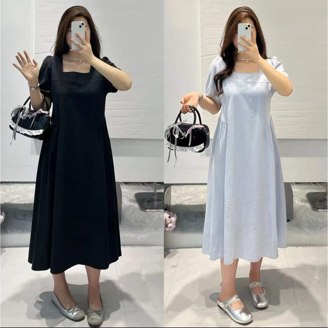 妮妮家7098夏季新款时尚气质方领甜美风气质长裙！