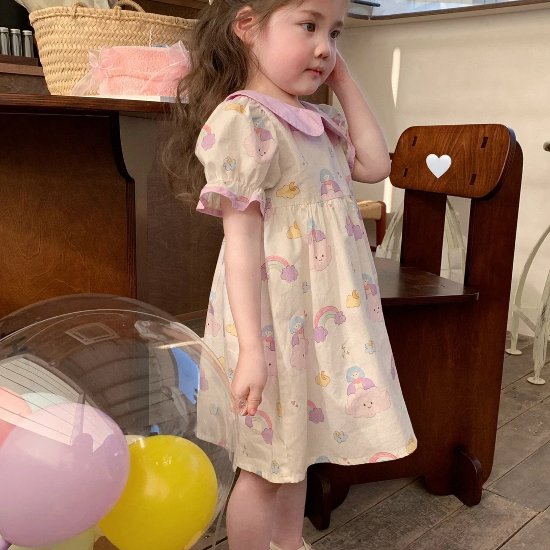 彩虹小云朵女童荷叶边连衣裙夏季新款棉质卡通公主风韩版女童夏装