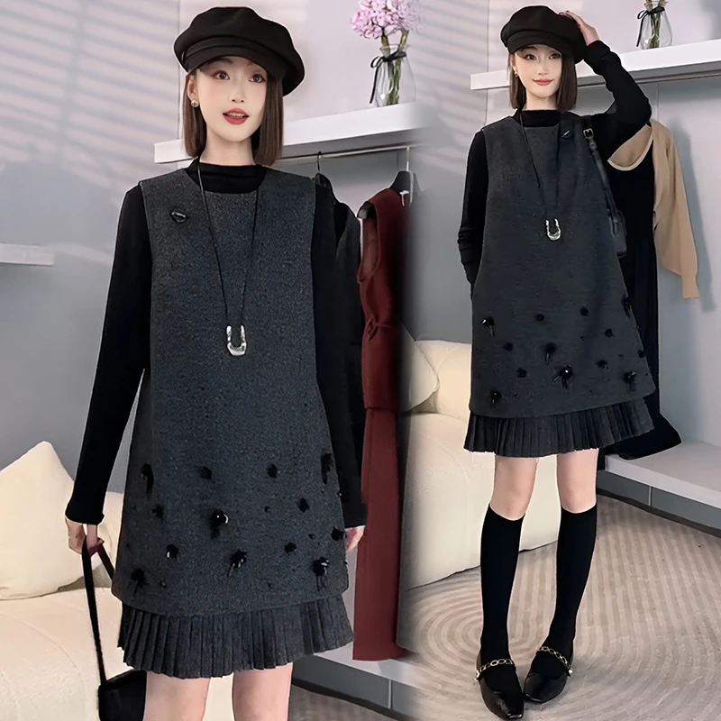 2025春秋新款时尚气质法式灰色拼接无袖背心连衣裙打底衫两件套潮