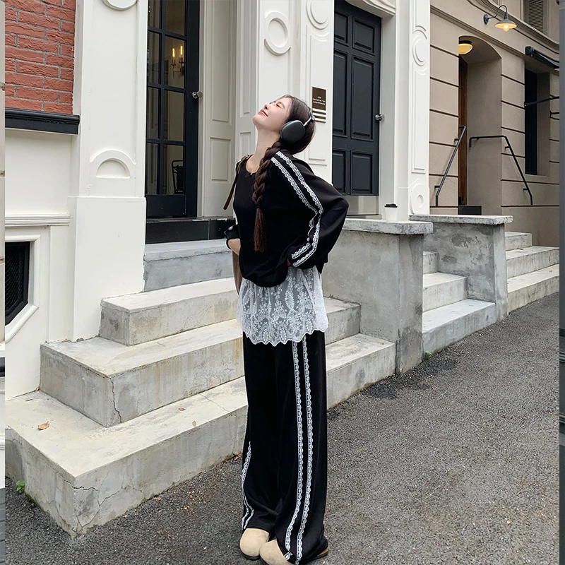 5929大码女装蕾丝拼接套装韩版休闲时尚套装两件套