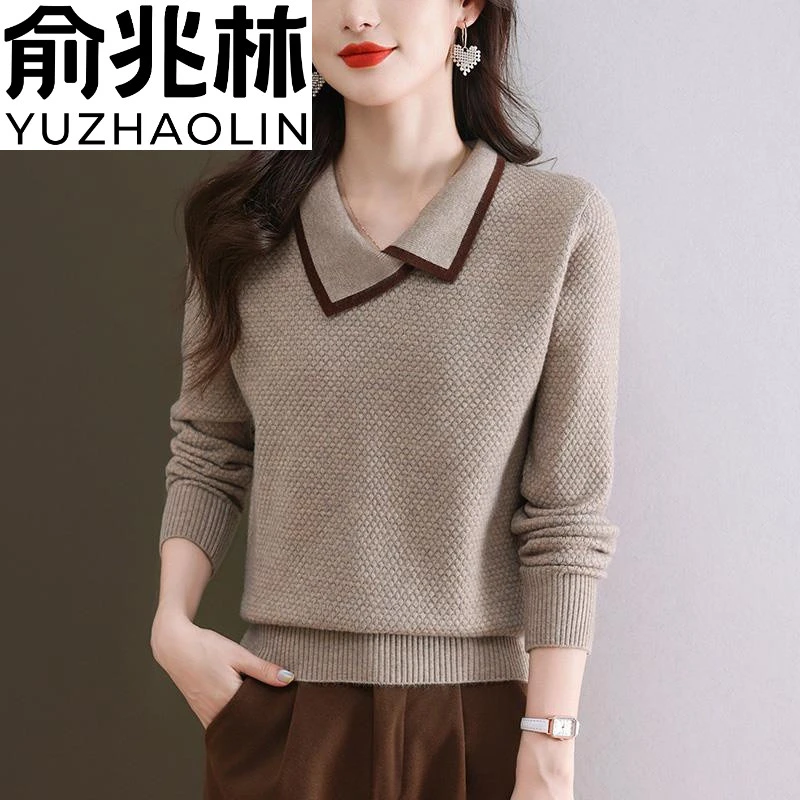 俞兆林时尚翻领羊毛衫女2024春秋新款套头毛衣长袖针织打