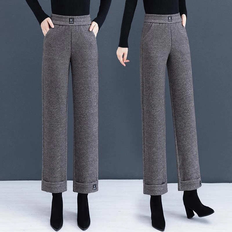 秋冬季羊毛呢直筒裤加绒加厚小个子九分裤女宽松高腰高端妈妈裤冬