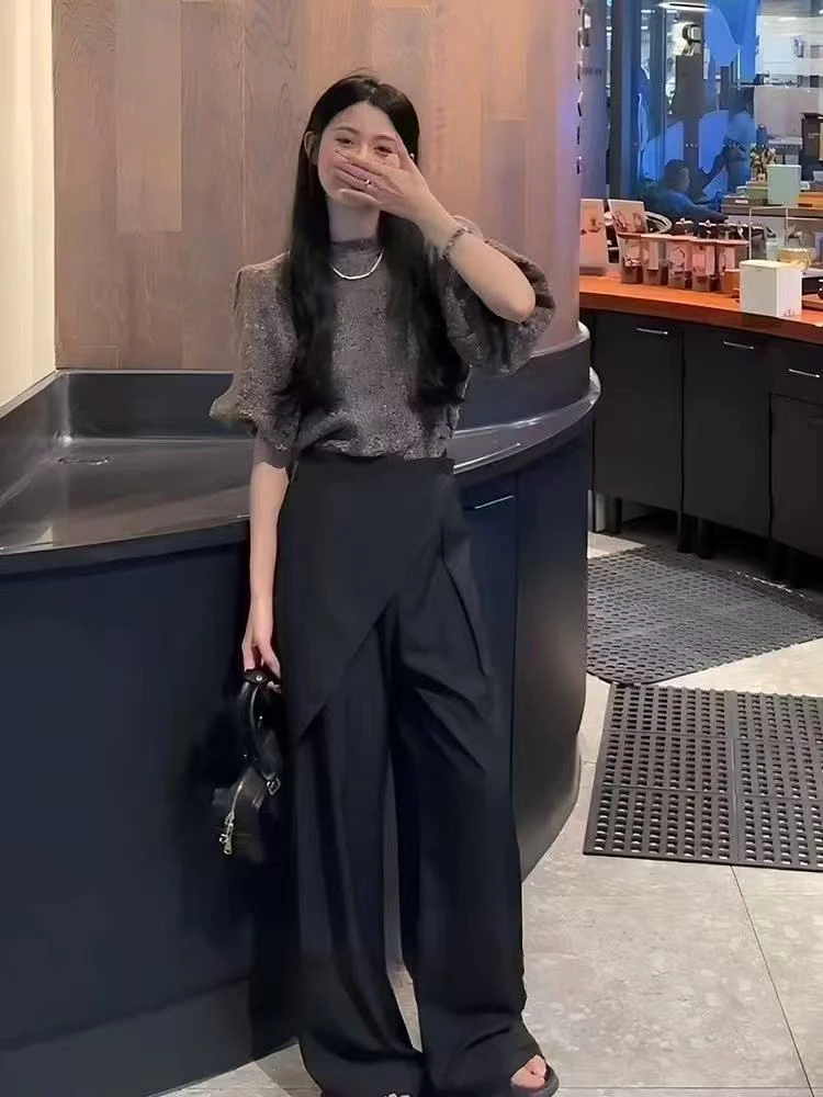 不规则拼接直筒阔腿裤女2025秋季新款炸街百搭西装裤设计感长裤子