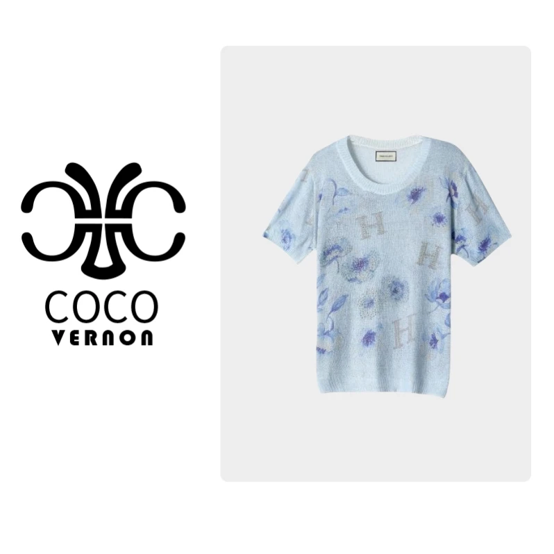 【宠粉专属】轻奢重工短袖镶钻印染山茶花朵薄款毛衣套头