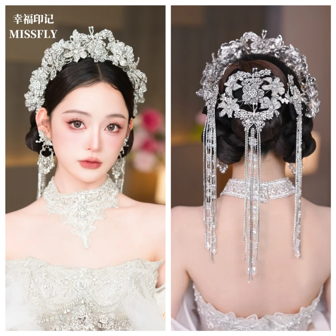 公主水钻皇冠王冠新娘头饰后区发饰主婚纱白纱出门纱婚礼结奢华闪