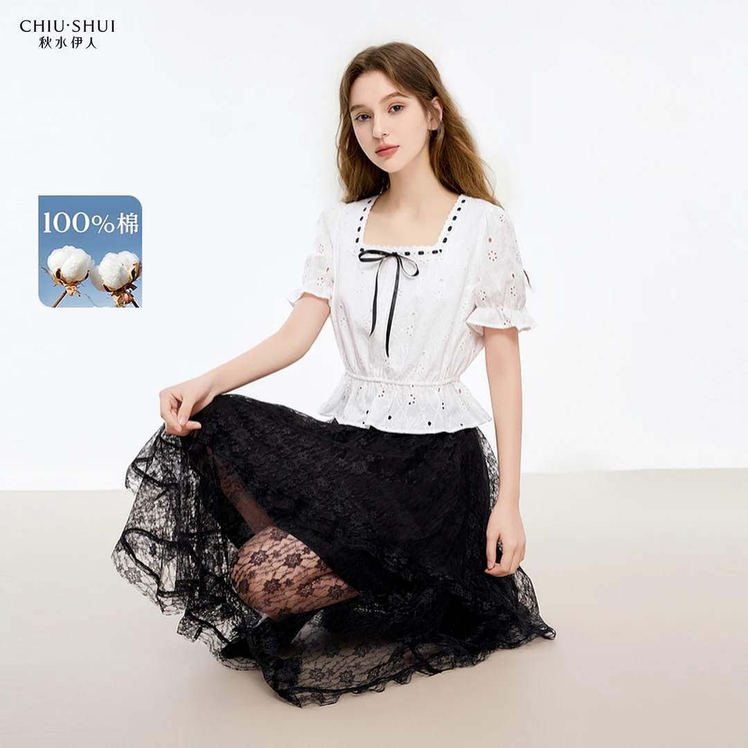 【岚岚专属】秋水伊人X型方领收腰雪纺衫女休闲上衣625203A060105