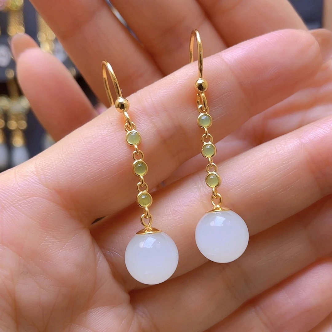 和田玉银S925镀金镶嵌耳饰