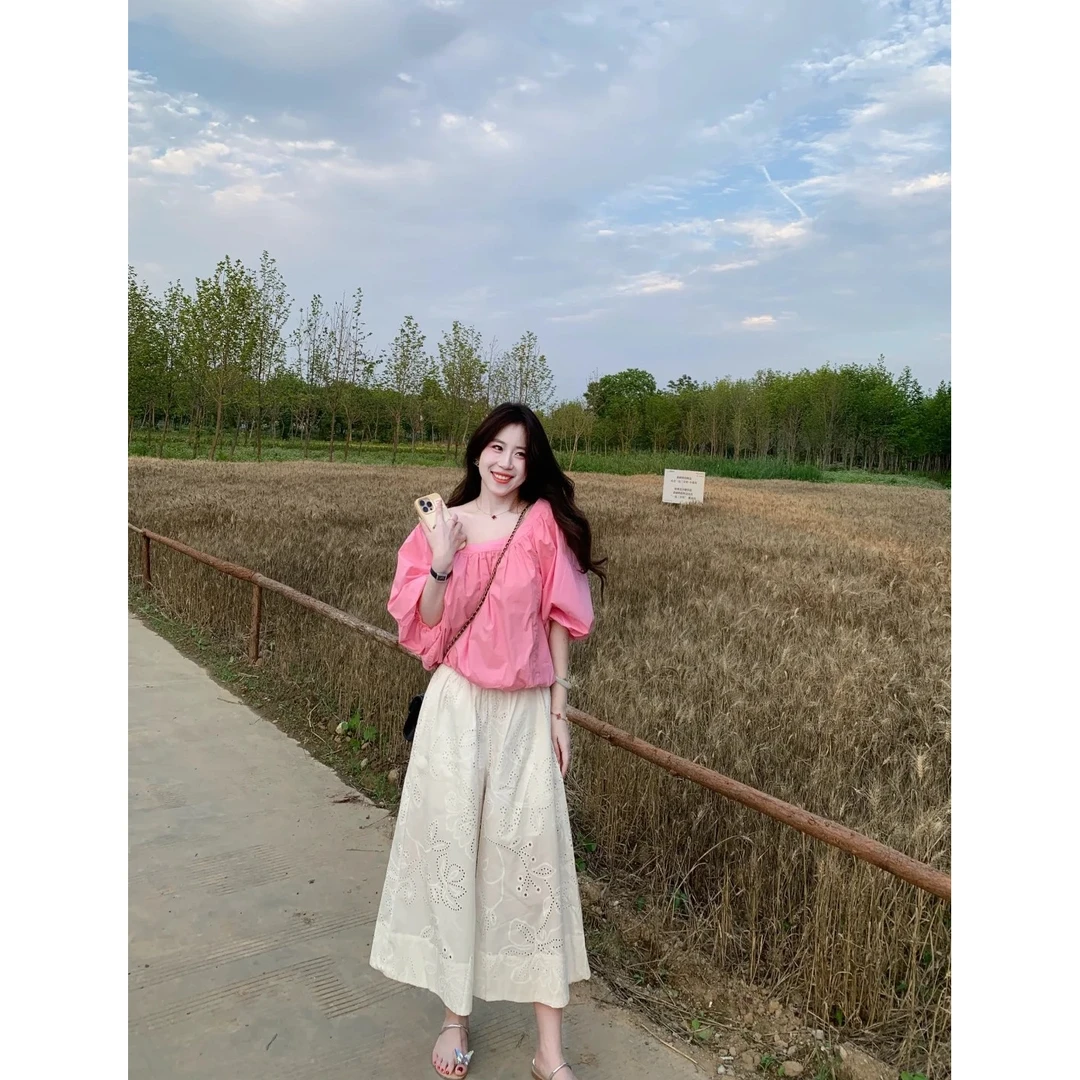 2025夏季新款韩系穿搭松弛感雪纺短袖上衣百搭阔腿裤显瘦两件套装