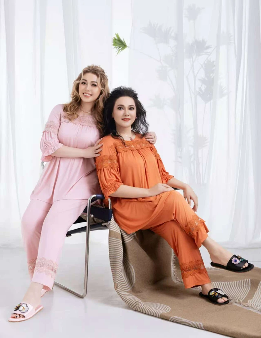 xarifa莫代尔烫钻蕾丝拼接女士大码睡衣套装两件套宽松舒适666