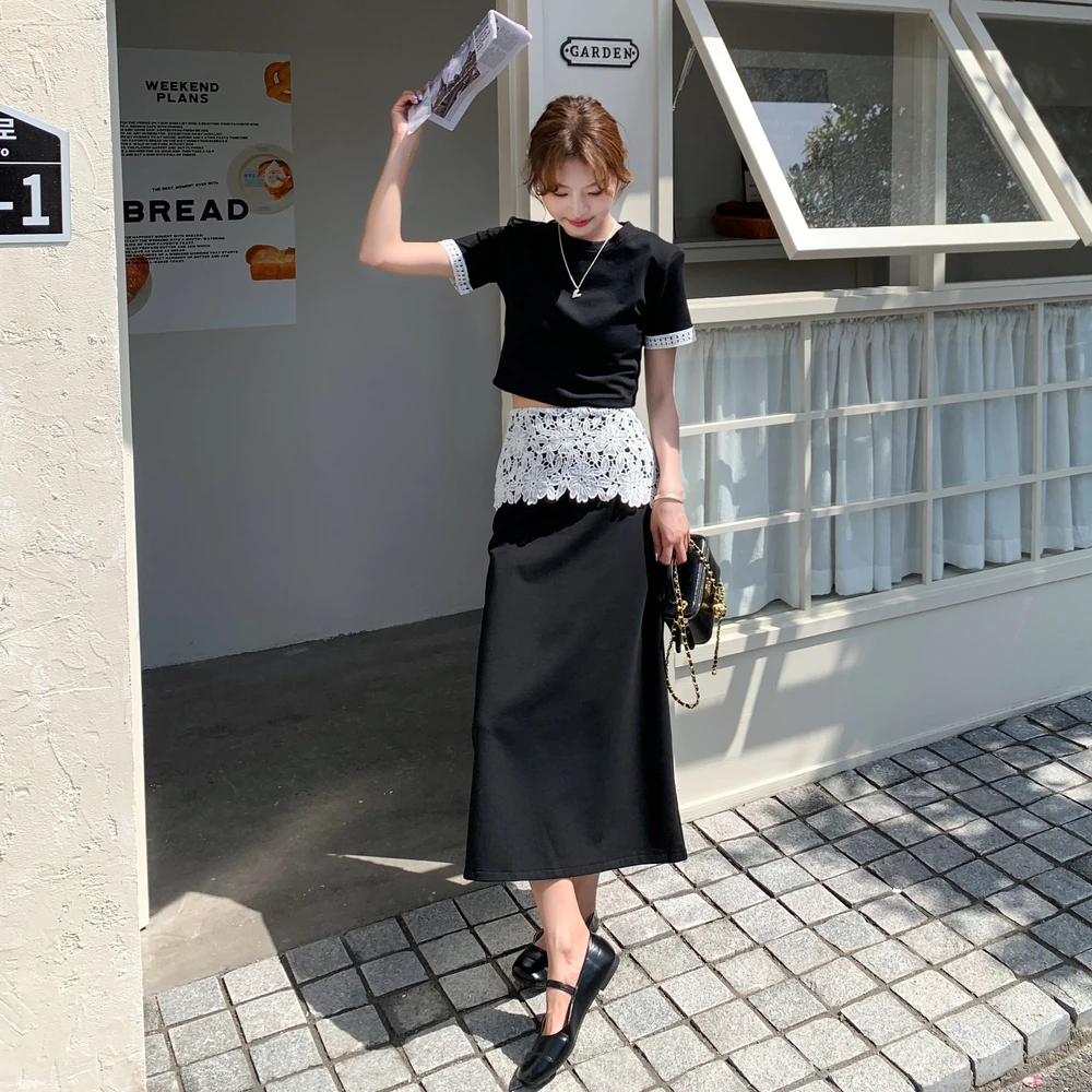 甜美时尚套装不规则显瘦短袖复古裙子高腰拼接长裙气质夏季黑色