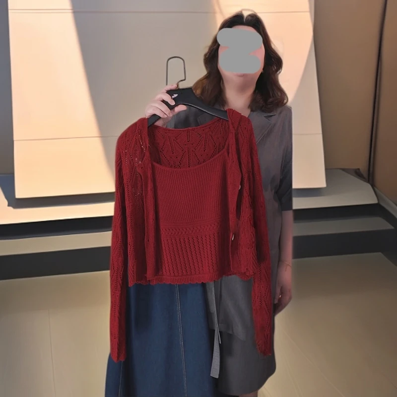 红色镂空长袖针织开衫女早秋季新款韩系高级感减龄百搭上衣两件套