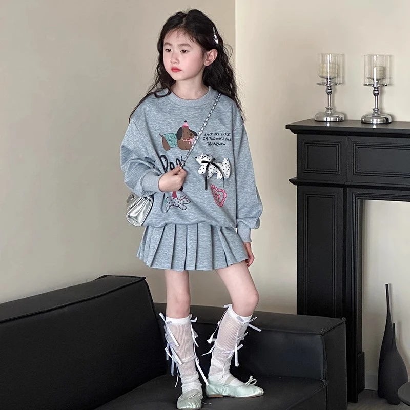 女套装春秋款2025新款中大童春装卫衣女孩春季休闲学院风百褶裙潮