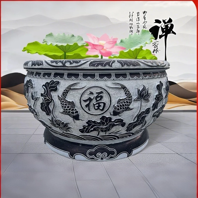 石雕鱼缸花盆花岗岩荷花鱼水缸百福门海青石包邮不含卸车和摆放