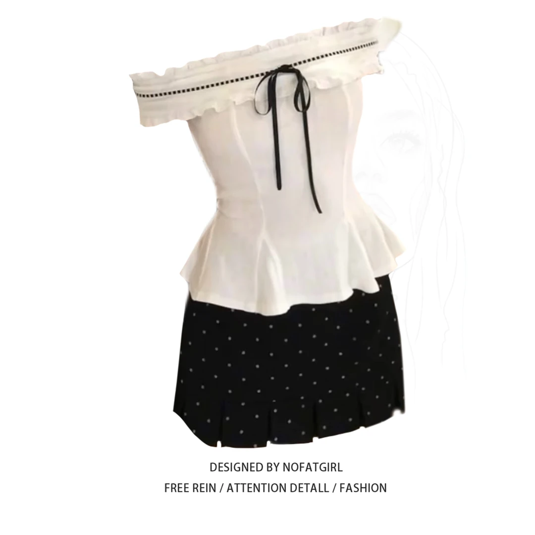 大码胖MM法式纯欲风一字肩上衣女夏季新款修身显瘦波点半身裙套装