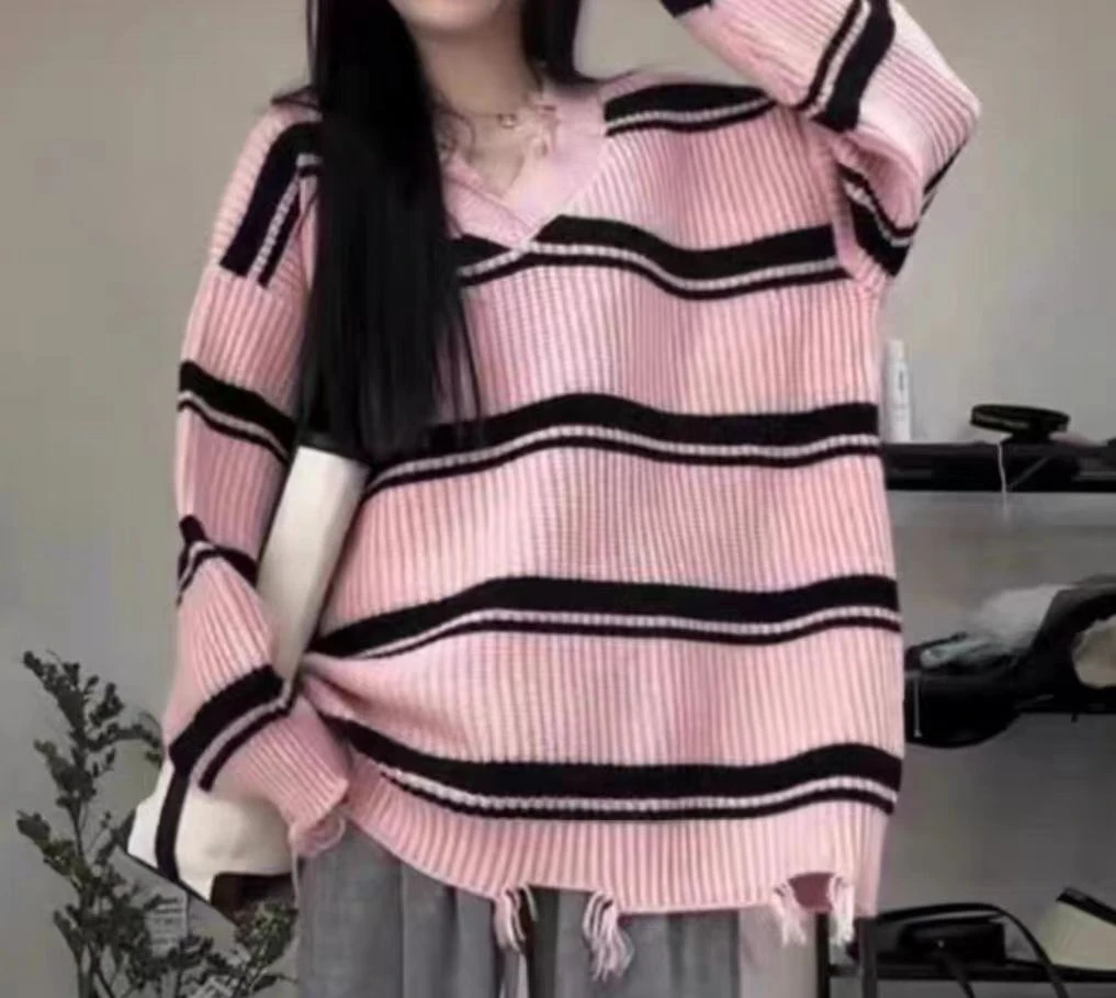 爱心领毛边流苏破洞毛衣M016