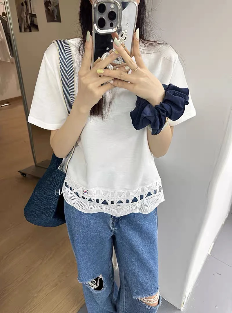 白色镂空花边内搭打底衫2025年春季新款女装减龄宽松长袖t恤小衫