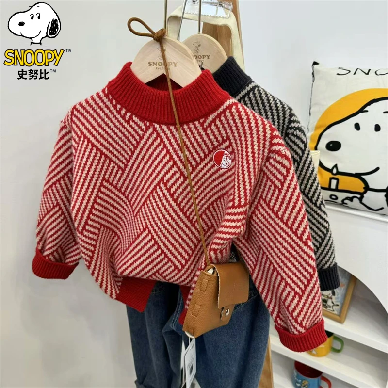 Snoopy/史努比男女童红色毛衣儿童加厚秋冬季宝宝韩版套头针织衫