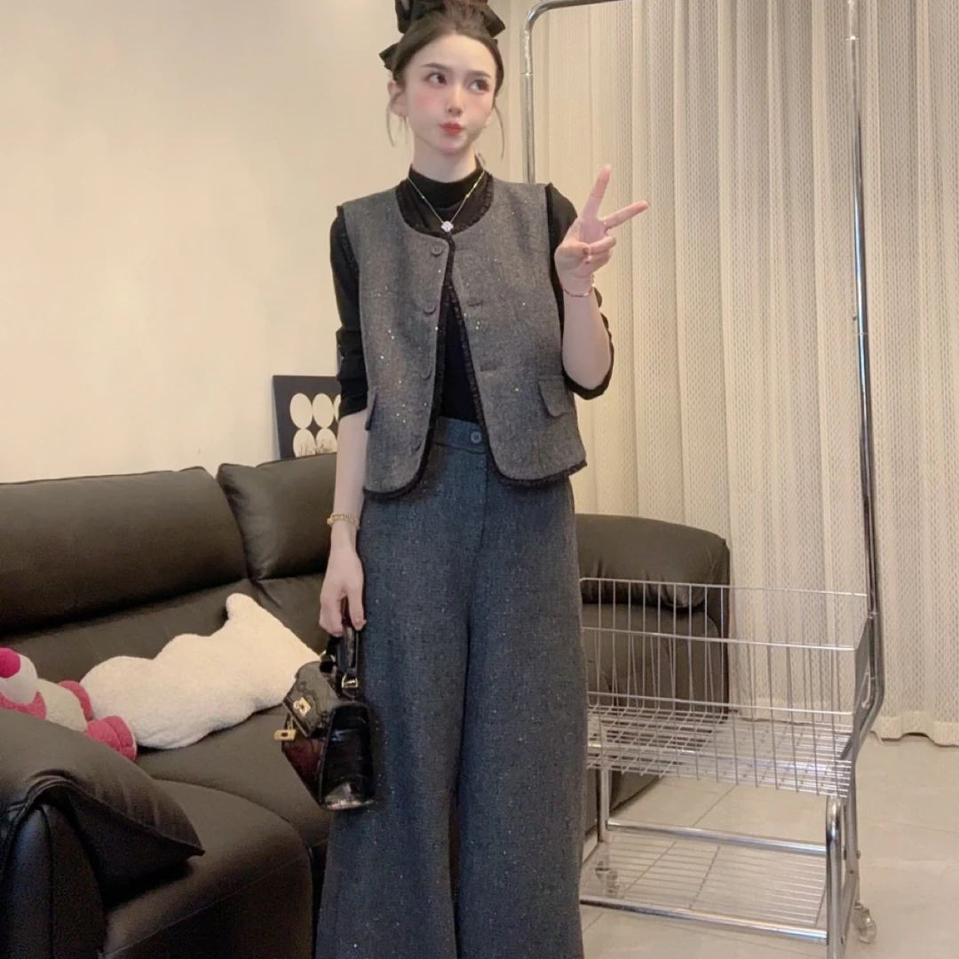 三件套秋冬羊毛呢新款时尚韩系风打底衫+马甲+阔腿裤套装