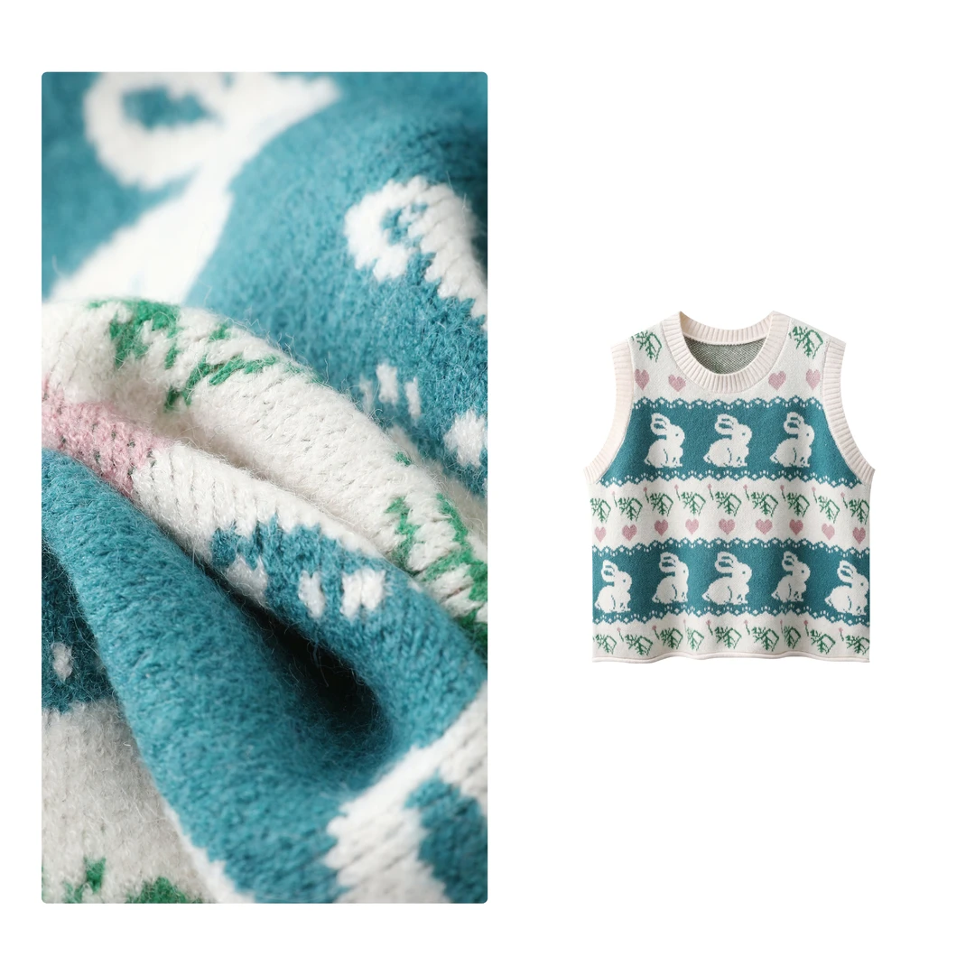 门店20&9！兔子马甲」重工提花撞色圆领套头针织马甲上衣女 H00879