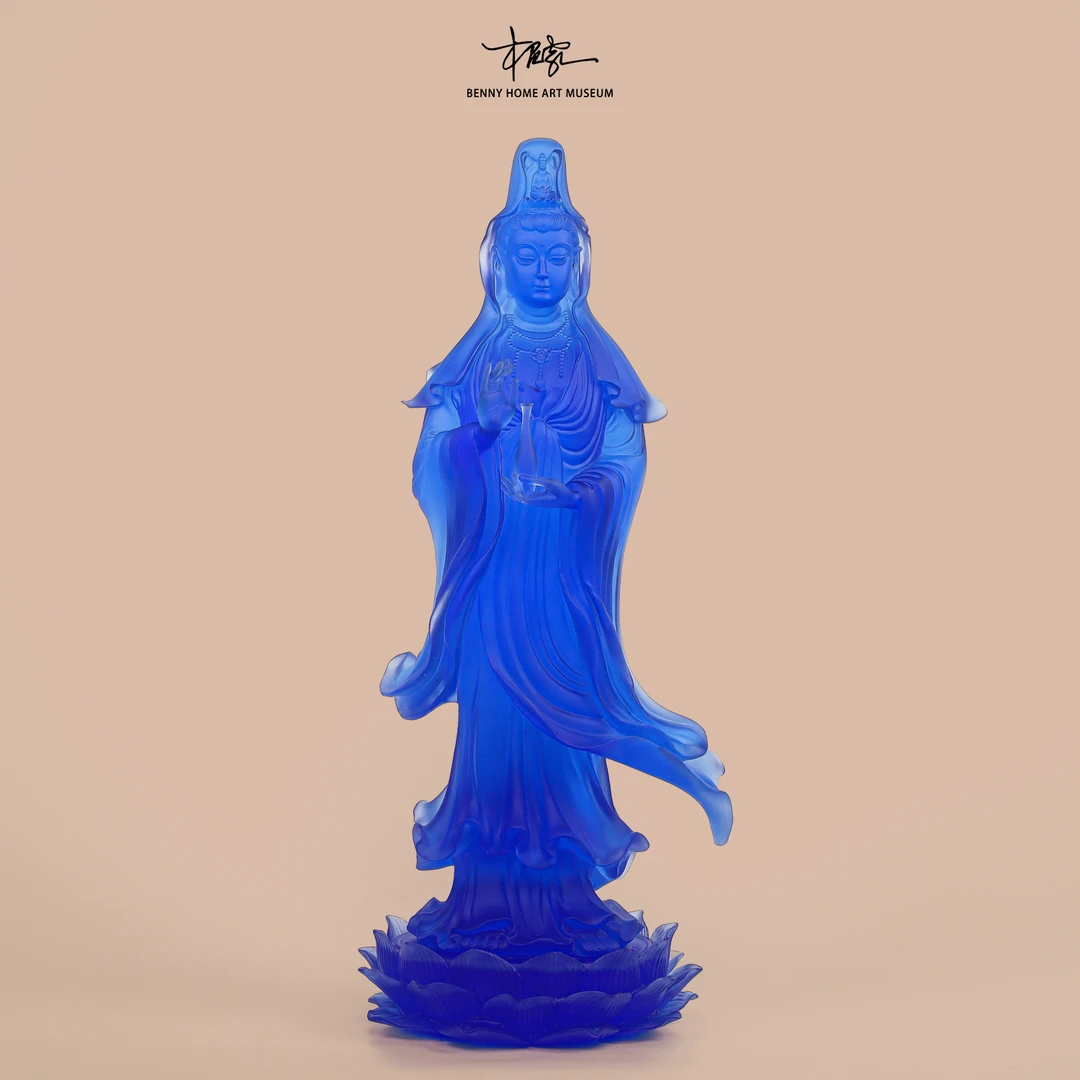 【本尼家】LL21非遗好物古法琉璃蓝色莲花观音家居桌面艺术玄关摆件