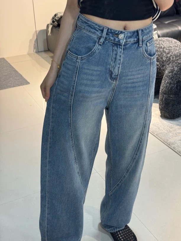 夏季新款复古蓝牛仔阔腿裤女宽松显瘦小个子友好
