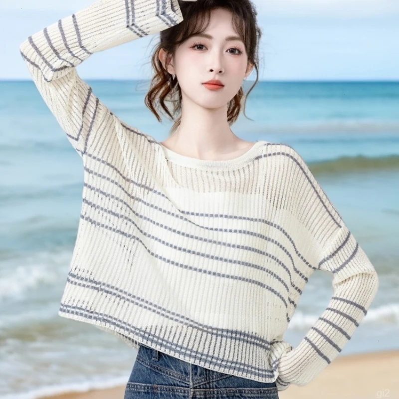 时尚百搭韩系设计感2025夏季拼色条纹针织衫女防晒空调罩衫上衣