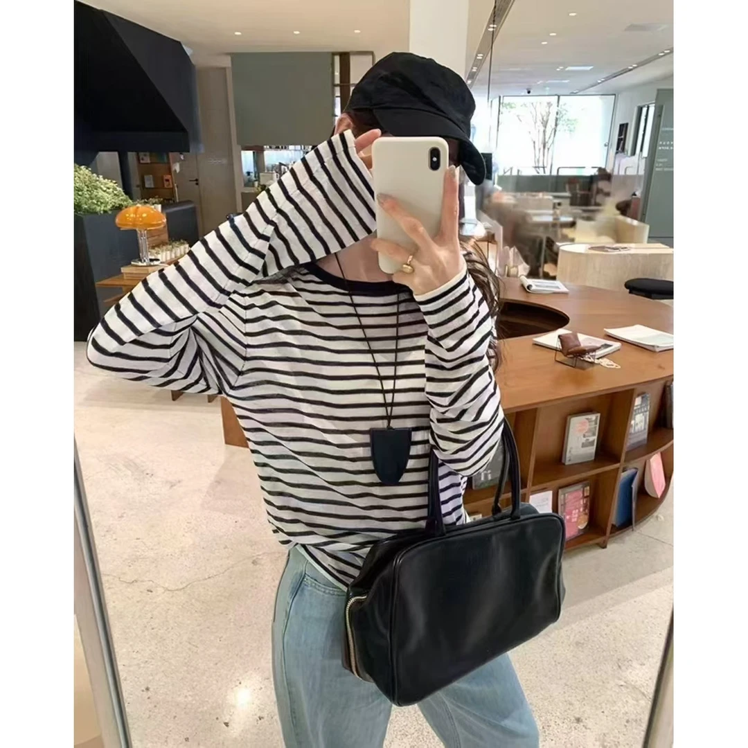 2533#韩系经典条纹宽松长袖T恤内搭打底衫上衣