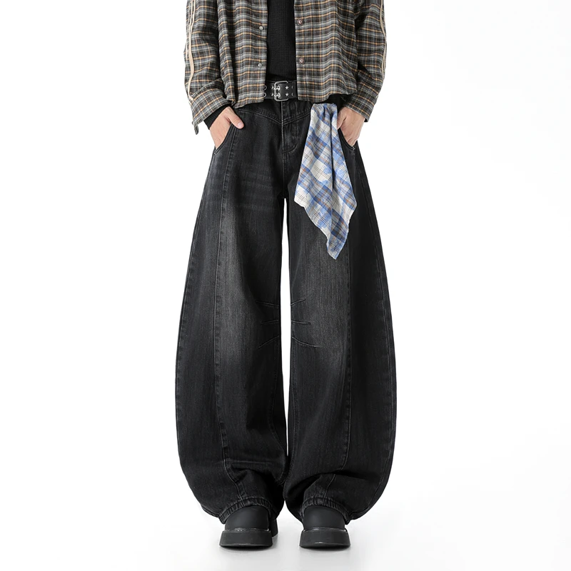 新款美式高街水洗弯刀牛仔裤男女款秋季宽松百搭休闲情侣阔腿长裤