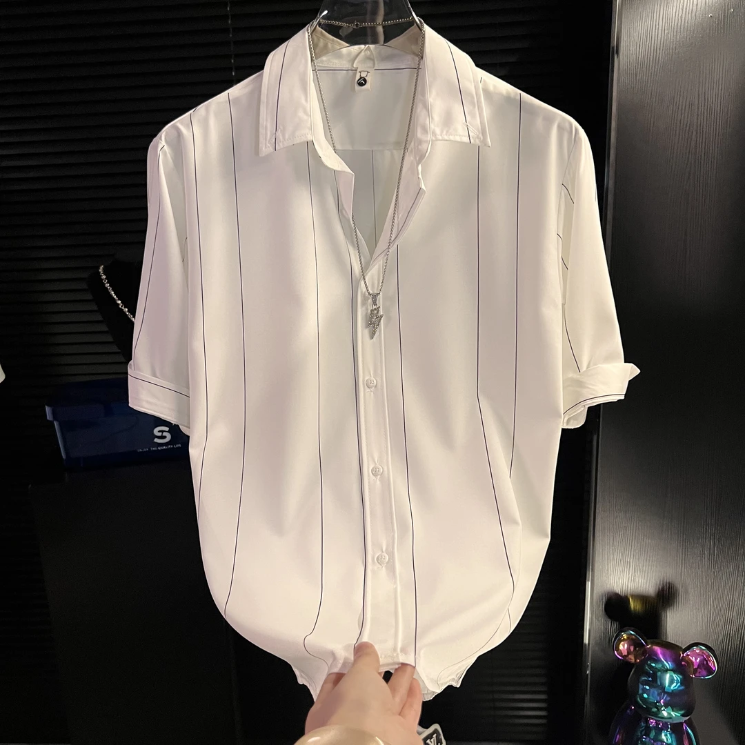 港澳潮流短袖衬衫男高级感痞帅设计感夏季男士七分袖衬衣条纹白寸