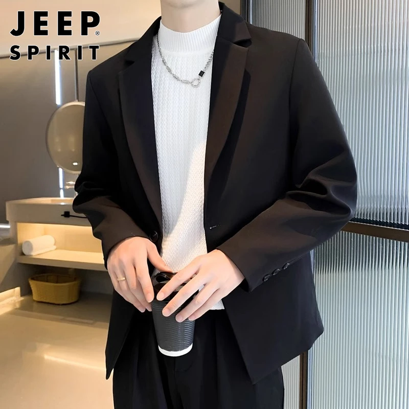 JEEPSPIRIT秋季黑色西服男士休闲上班衣服高级感痞帅短款小西装外