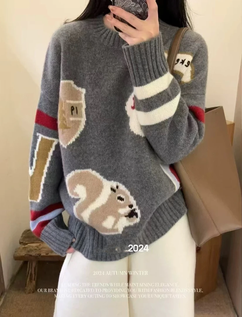 重工纯山羊绒圆领休闲卡通松鼠加厚宽松毛衣