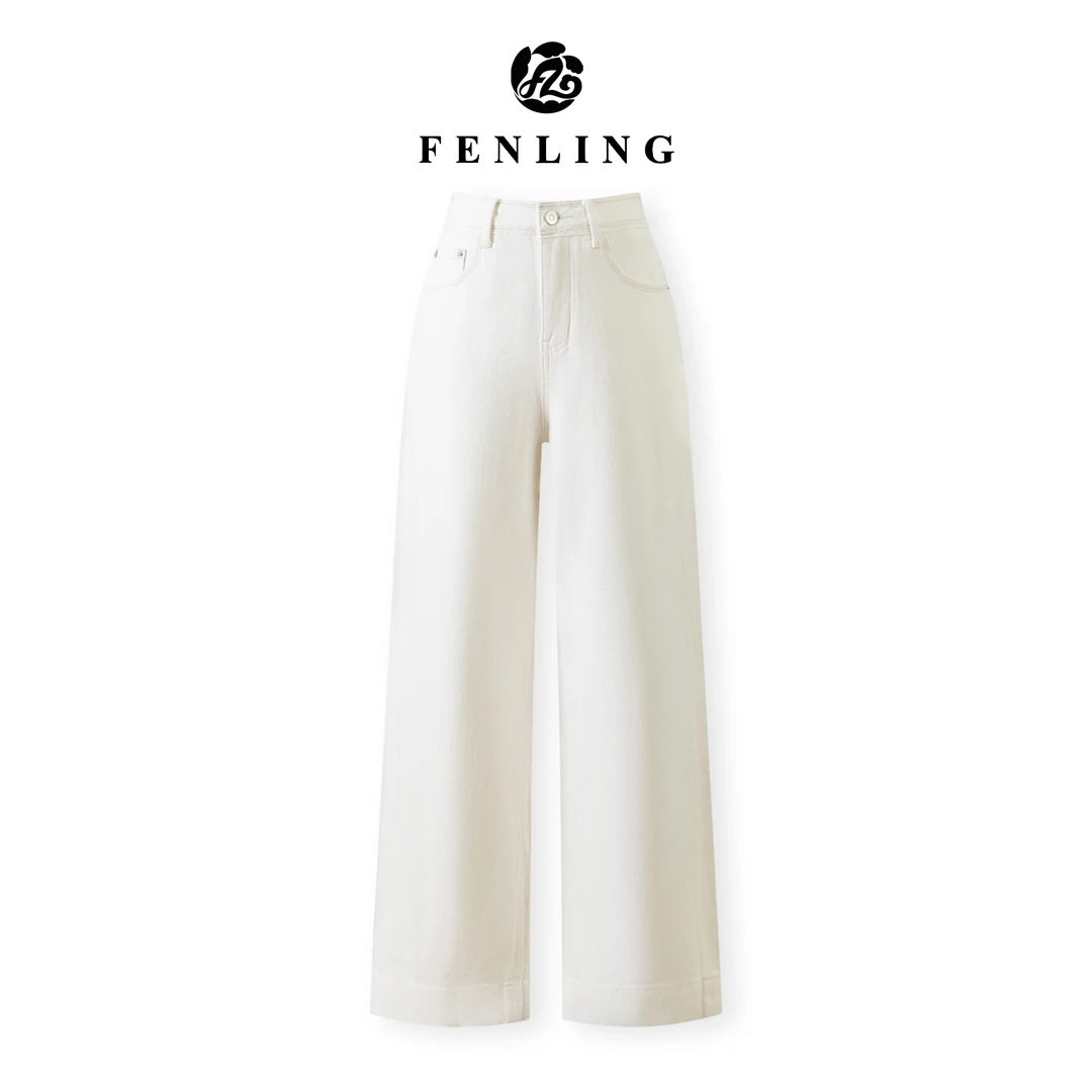 芬领-乐悠-2025春夏新品高腰舒适简约时尚莱赛尔白色牛仔裤CK468