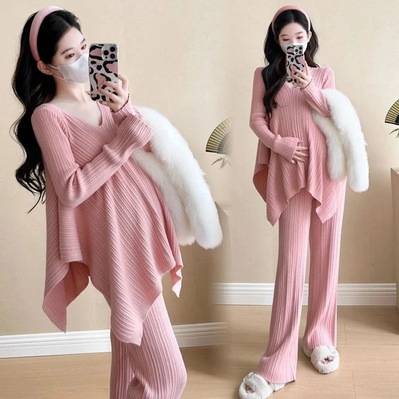 2025春秋新款时尚设计针织孕妈上衣外套+阔腿裤毛衣套装两件套