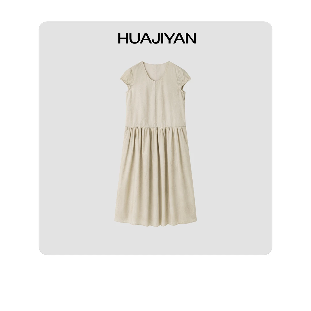 华吉言/HUAJIYAN【牧园】天丝棉混纺隐形拉链U领小飞袖连衣裙