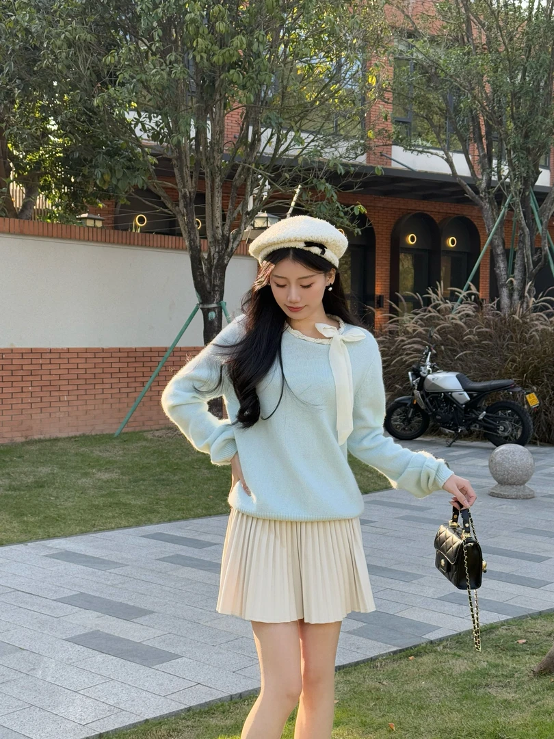 显瘦磨毛法式拼接打底甜美白色针织衫秋季开衫毛针织衫百搭