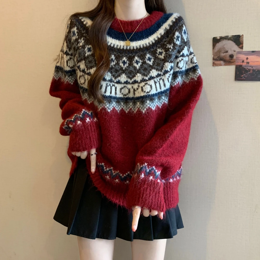 费尔岛圣诞复古红色加厚毛衣女2025秋冬新款胖MM显瘦提花针织小衫