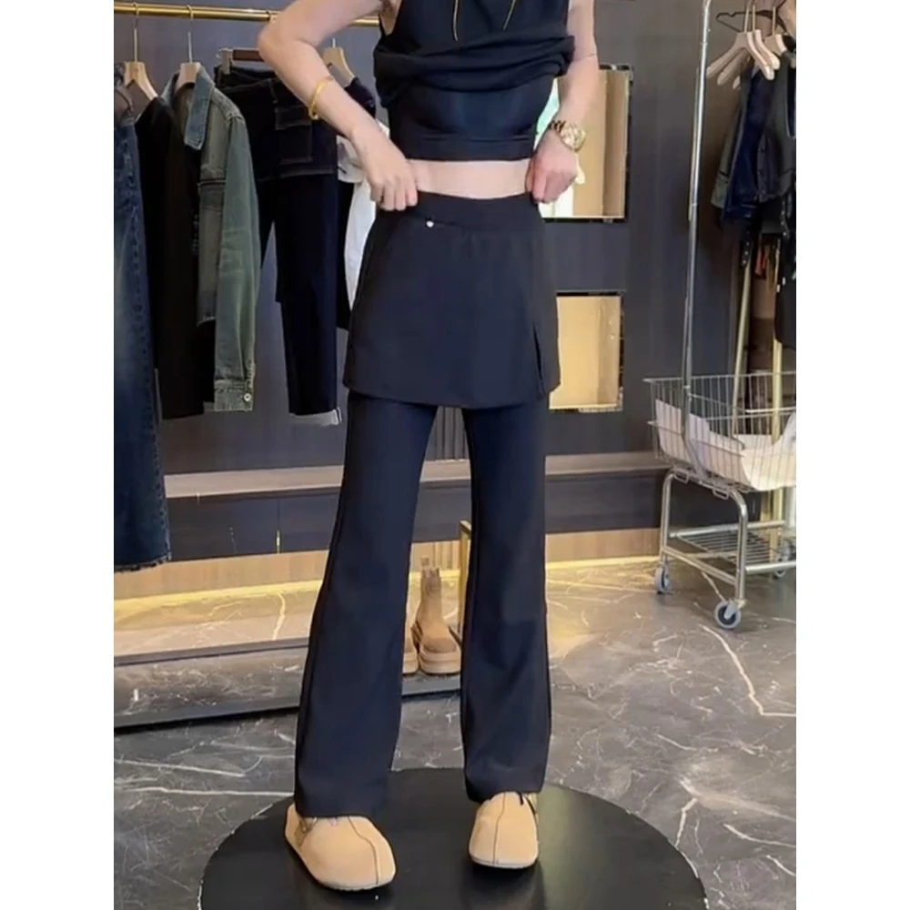 La Chapelle/拉夏贝尔新款纯色简约微喇裤子大码高腰弹力休闲裤裙