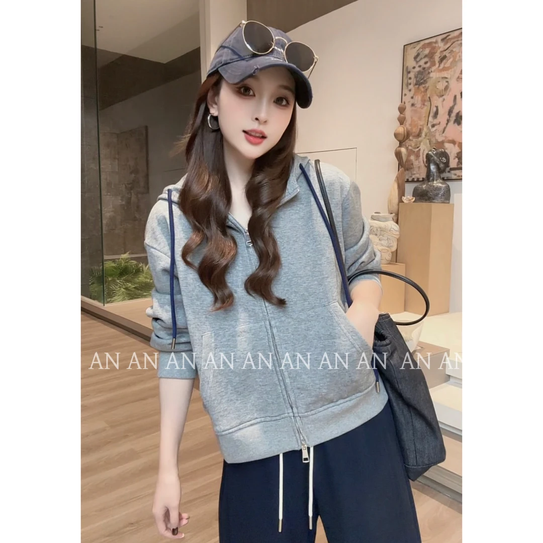 C08374时尚减龄宽松休闲风后面字母双拉链连帽卫衣外套