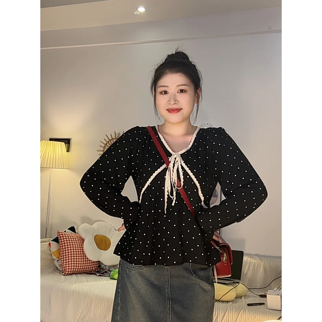 时尚韩系蕾丝V领长袖衬衫女秋季大码胖mm气质遮肚显瘦波点上衣潮