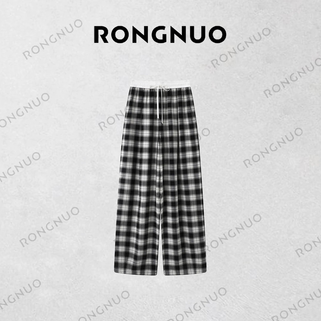 容诺【休闲裤】2025夏新品潮流绵羊毛高腰黑白格纹阔腿裤K6136